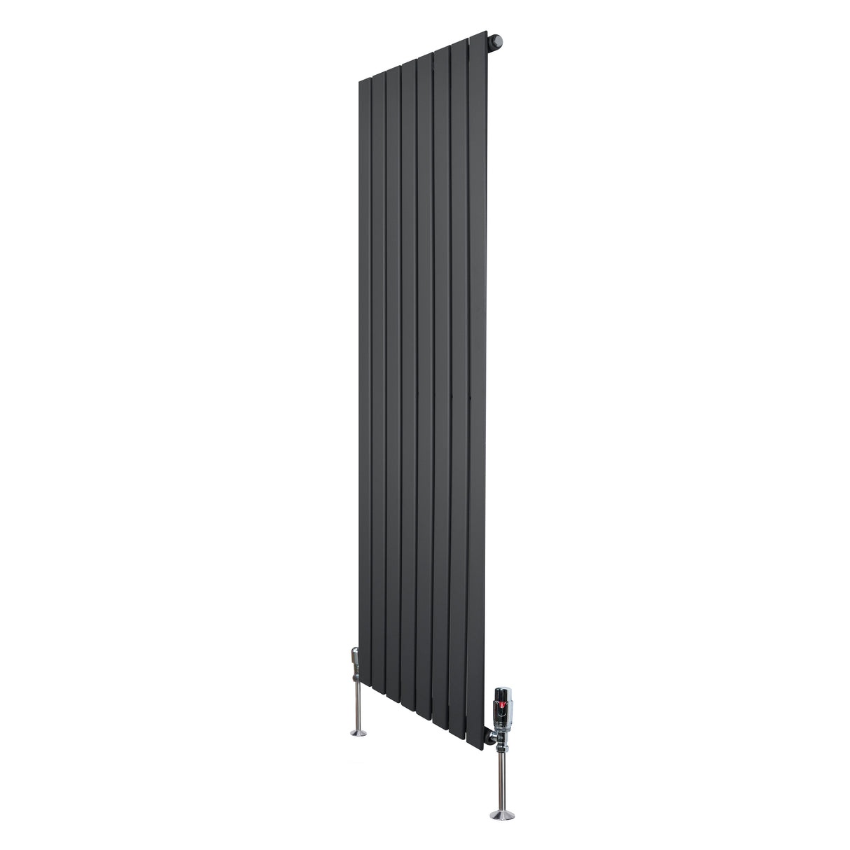 Radiador plano de columna simple en gris antracita, con diseño vertical y válvulas visibles, ideal para espacios modernos y elegantes