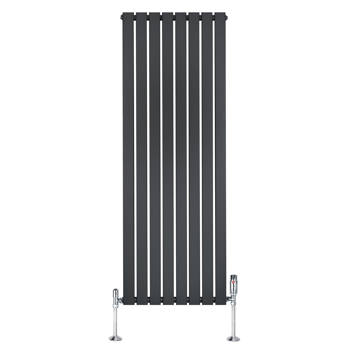 Radiador plano de columna simple en gris antracita, con diseño vertical y válvulas metálicas en la base, ideal para espacios modernos