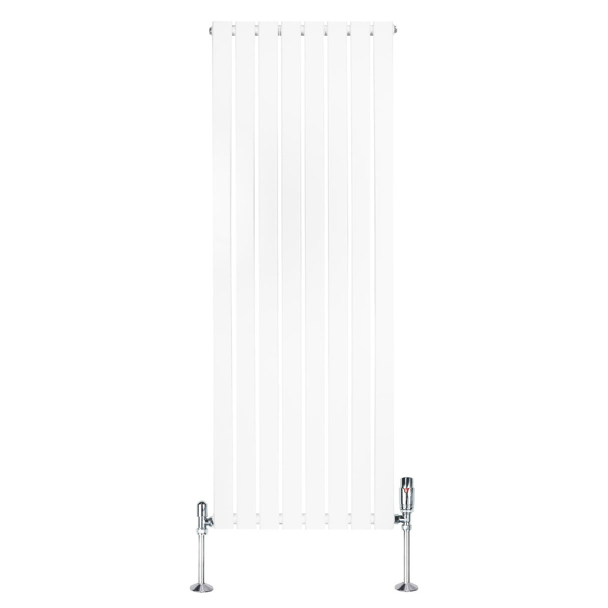 Radiador plano de columna simple en color blanco, con diseño vertical y válvulas cromadas, dimensiones 1600 x 560 mm
