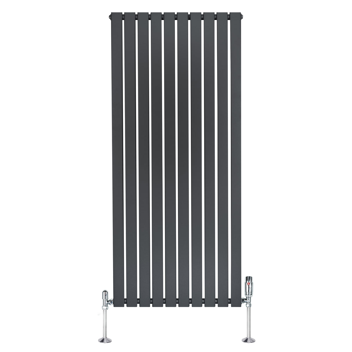 Radiador plano de columna simple en gris antracita, con diseño vertical y válvulas cromadas en la parte inferior, elegante y moderno