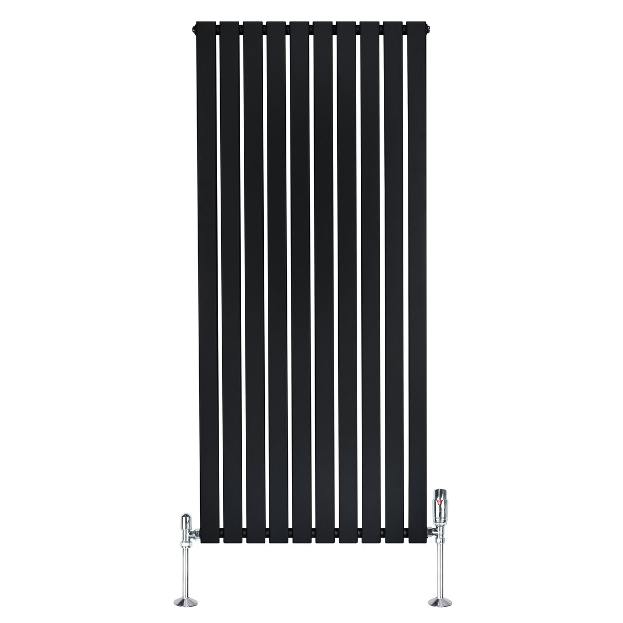 Radiador plano de columna simple negro de 1600 x 700 mm con válvulas, diseño moderno y acabado liso, ideal para espacios elegantes
