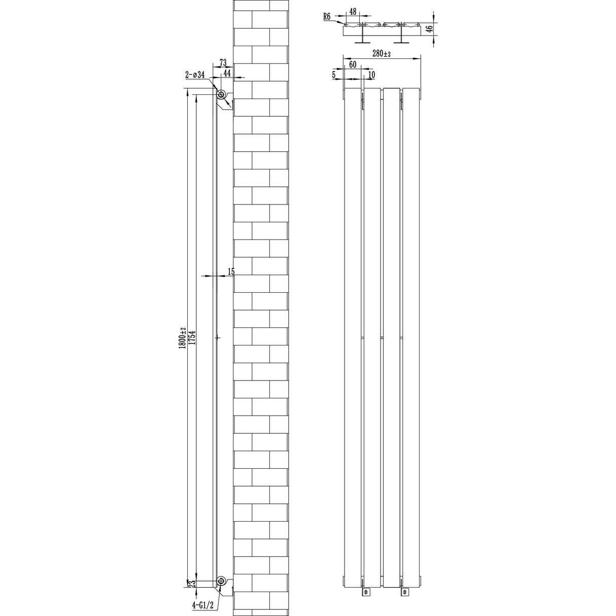 Radiador plano de columna simple en color blanco, dimensiones 1800 mm x 280 mm, con válvulas y diseño elegante y minimalista