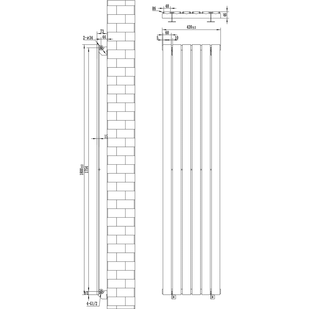 Radiador plano de columna simple negro de 1800 mm x 420 mm, con válvulas, diseño moderno y acabado liso, ideal para espacios elegantes
