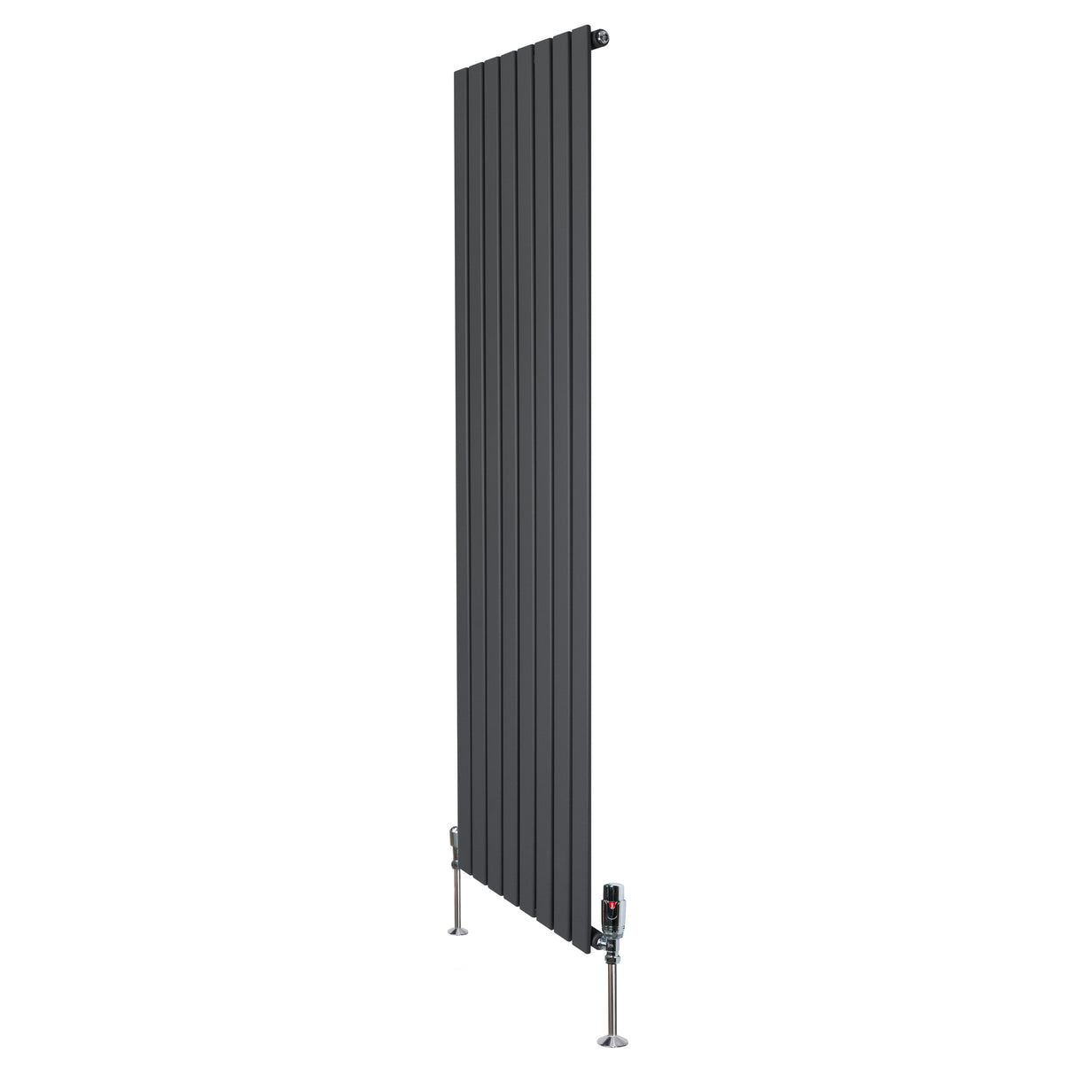 Radiador plano de columna simple en gris antracita, con diseño vertical y válvulas, ideal para espacios modernos y elegantes