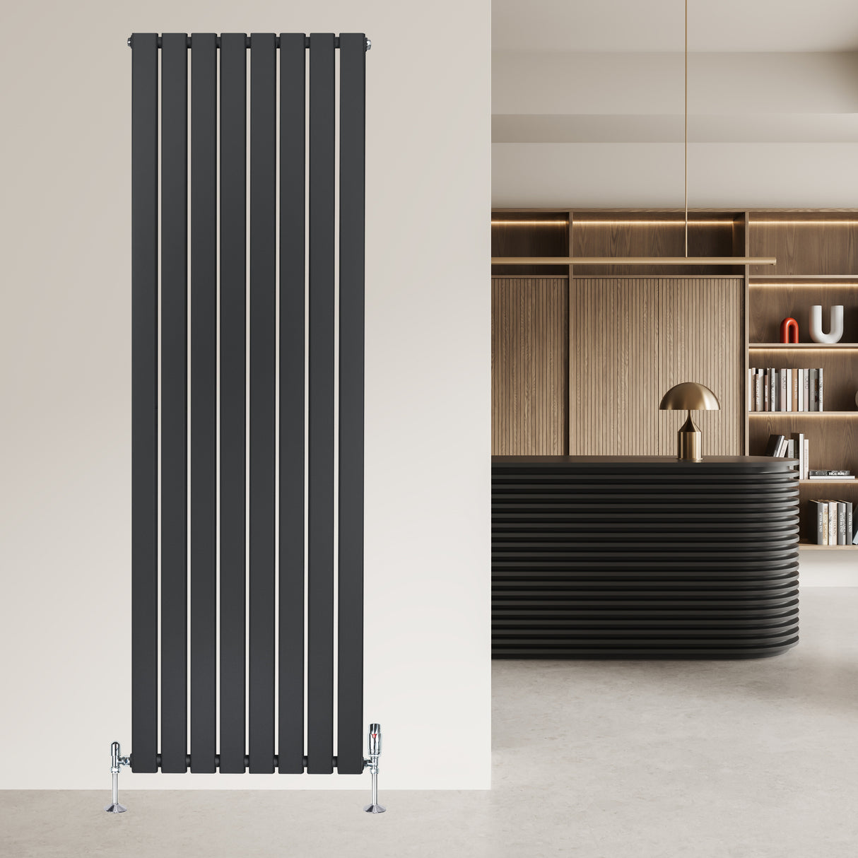 Radiador plano de columna simple gris antracita de 1800 mm x 560 mm, con válvulas, diseño moderno y elegante en ambiente minimalista