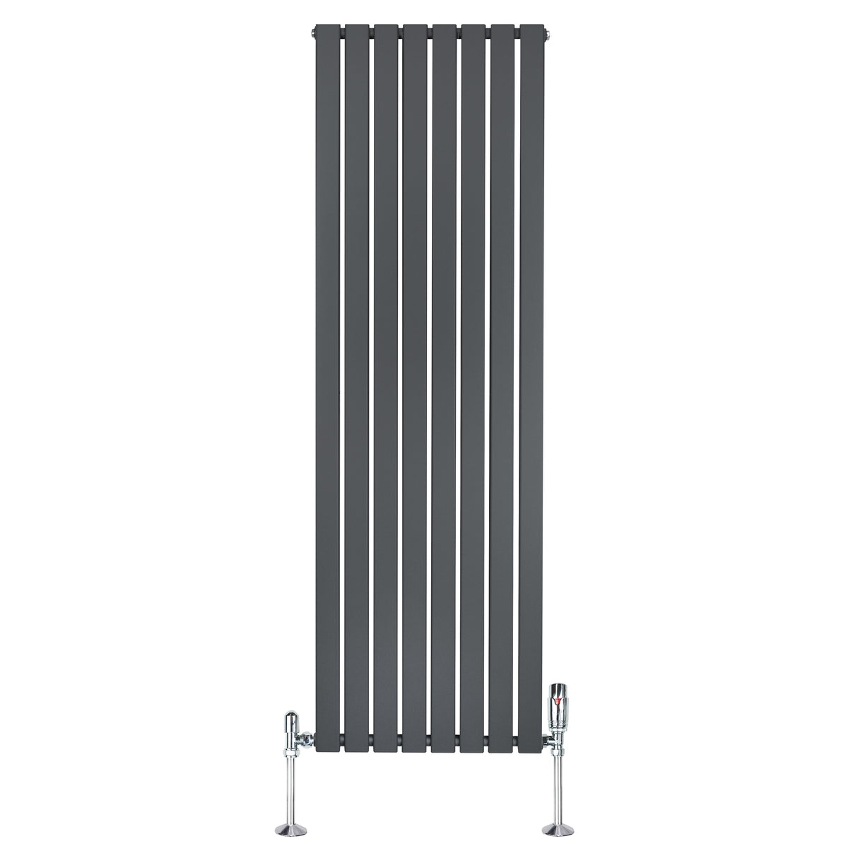 Radiador plano de columna simple en gris antracita, con diseño vertical y válvulas en acabado metálico brillante, 1800 mm x 560 mm