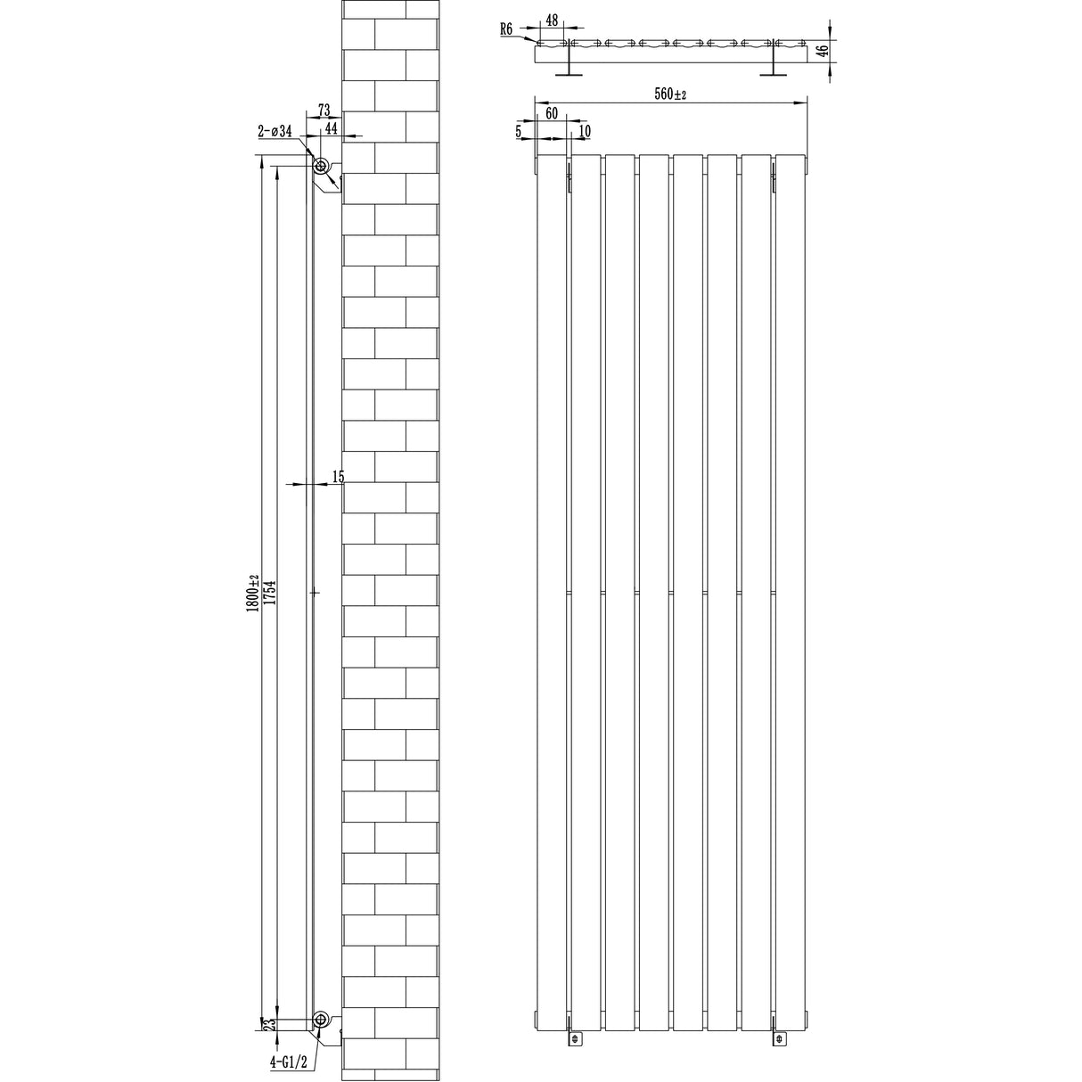 Radiador plano de columna simple en gris antracita, dimensiones 1800 mm x 560 mm, con válvulas y diseño moderno y elegante