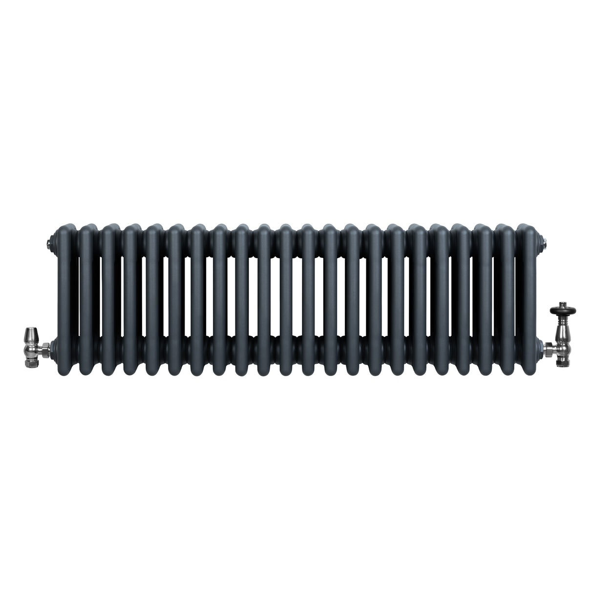 Radiador tradicional de 4 columnas en gris antracita, con válvulas de metal, diseño elegante y acabado liso, ideal para calefacción