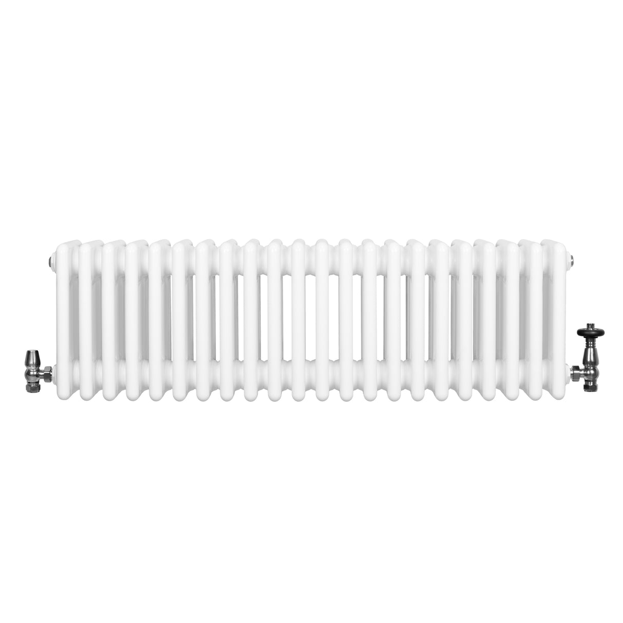 Radiador tradicional de 4 columnas en color blanco, con válvulas metálicas, diseño elegante y superficie lisa, ideal para calefacción