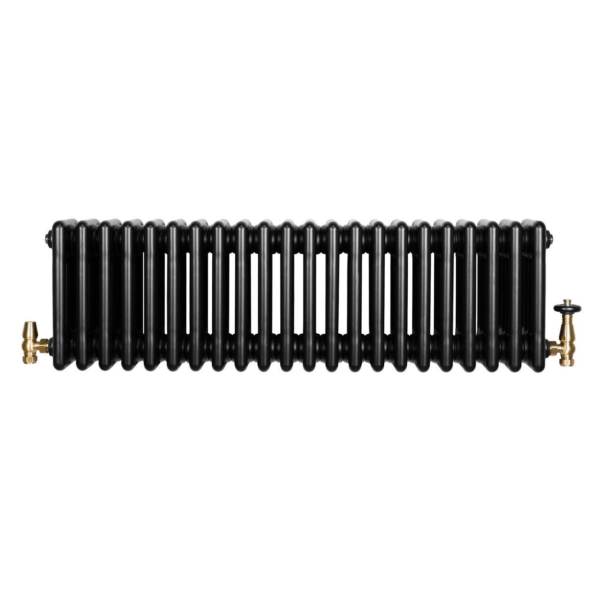 Radiador tradicional negro de 4 columnas con válvulas, acabado liso y brillante, ideal para calefacción en espacios elegantes