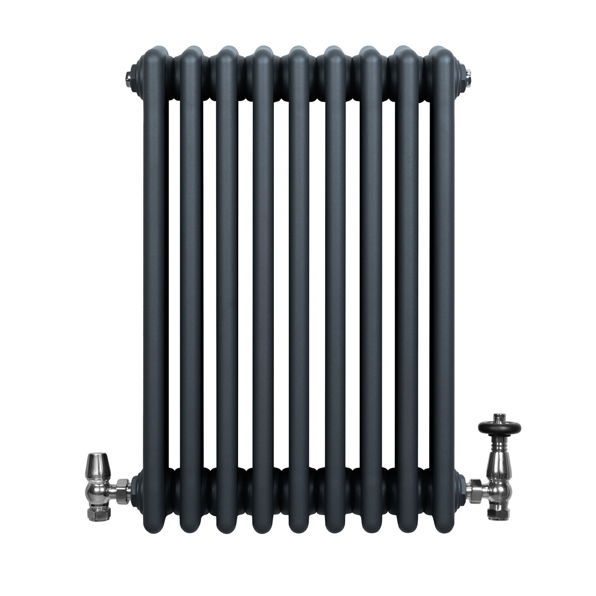 Radiador tradicional de 4 columnas en gris antracita, con válvulas metálicas brillantes y diseño elegante y robusto
