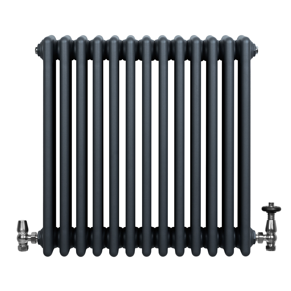 Radiador tradicional de 4 columnas en gris antracita, con válvulas metálicas brillantes y diseño robusto y elegante