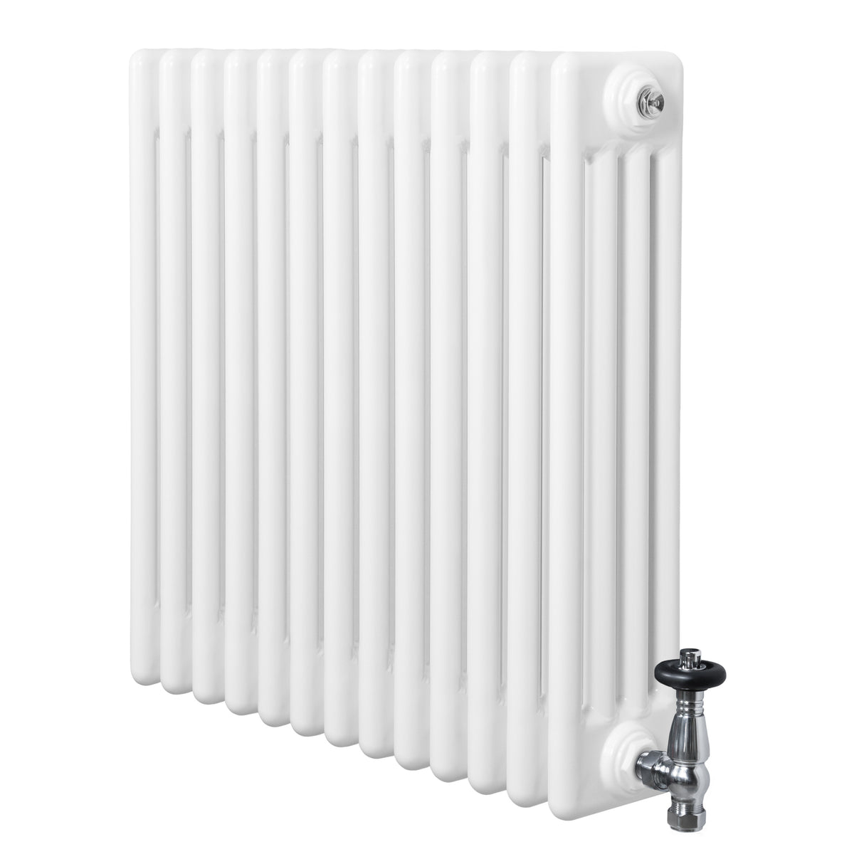 Radiador tradicional de 4 columnas en color blanco, con válvulas metálicas, diseño rectangular y superficie lisa y brillante