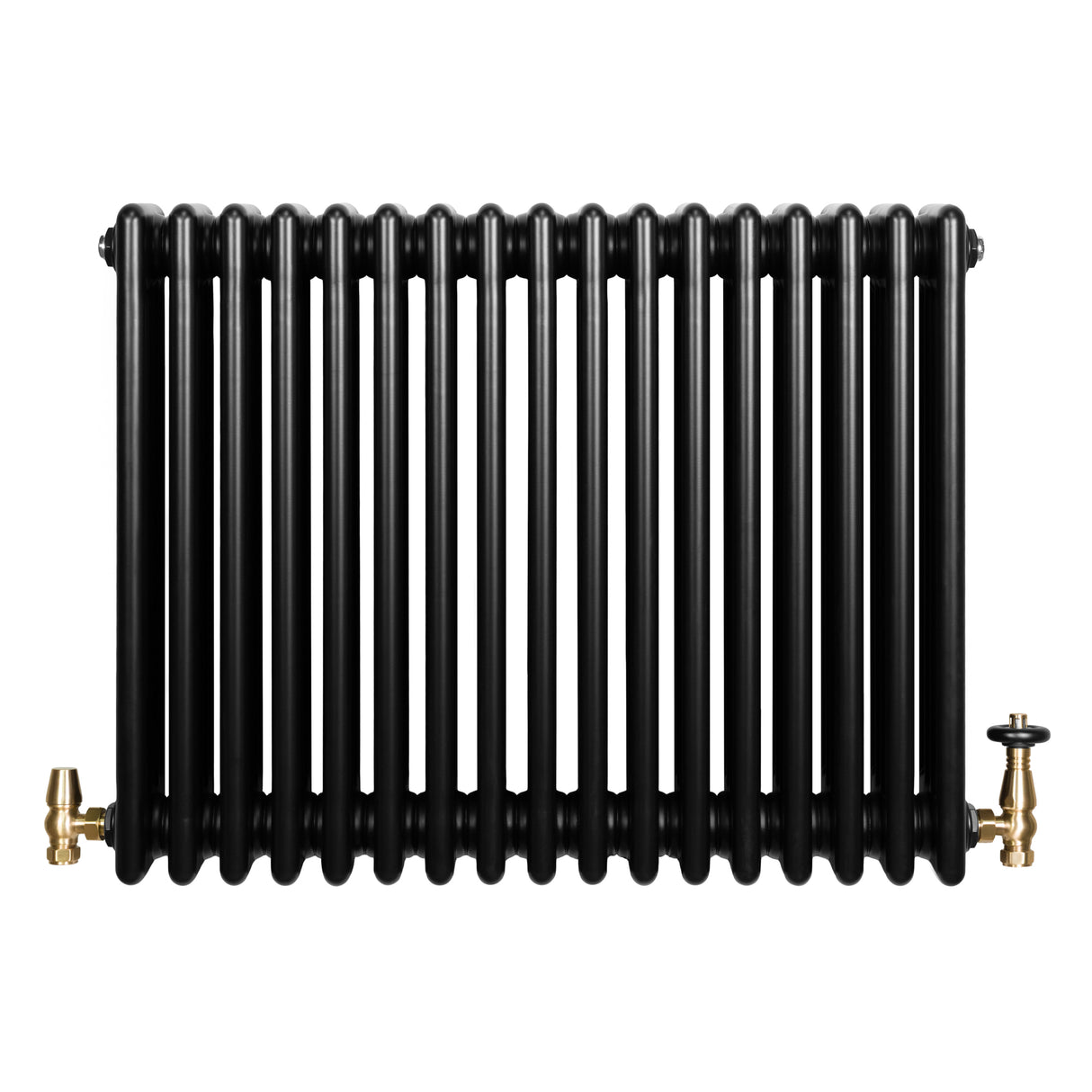 Radiador tradicional negro de 4 columnas, con válvulas doradas, diseño robusto y acabado liso, ideal para calefacción eficiente