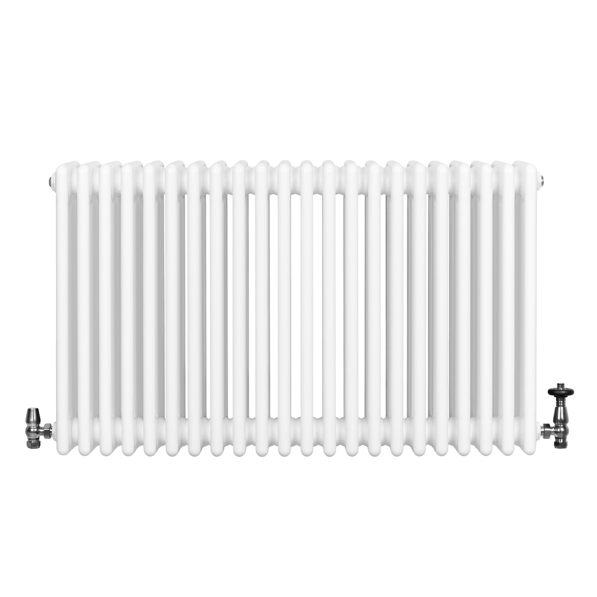 Radiador tradicional de 4 columnas en color blanco, con válvulas metálicas, diseño elegante y superficie lisa, ideal para calefacción