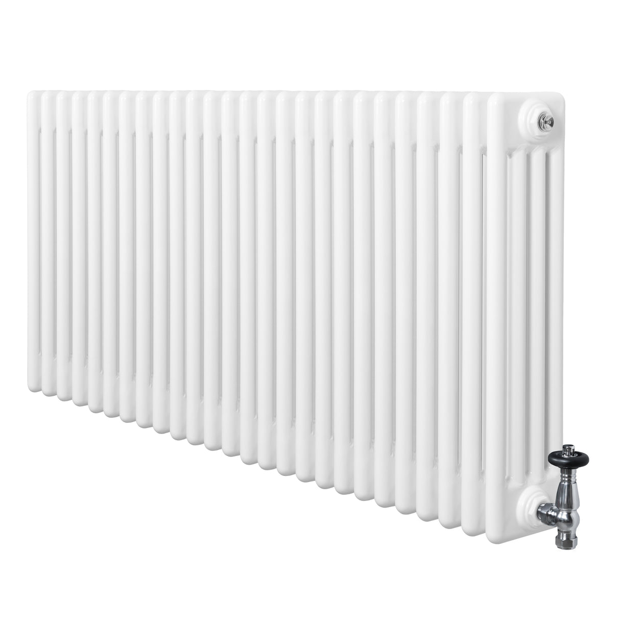 Radiador tradicional de 4 columnas en color blanco, con acabado liso y válvulas metálicas, ideal para calefacción eficiente