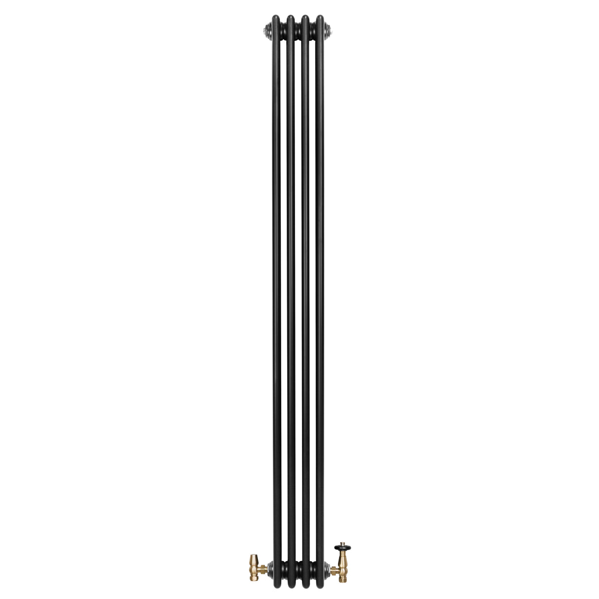 Radiador tradicional negro de 4 columnas, 1800 x 200 mm, con válvulas de bronce, diseño elegante y acabado liso y brillante