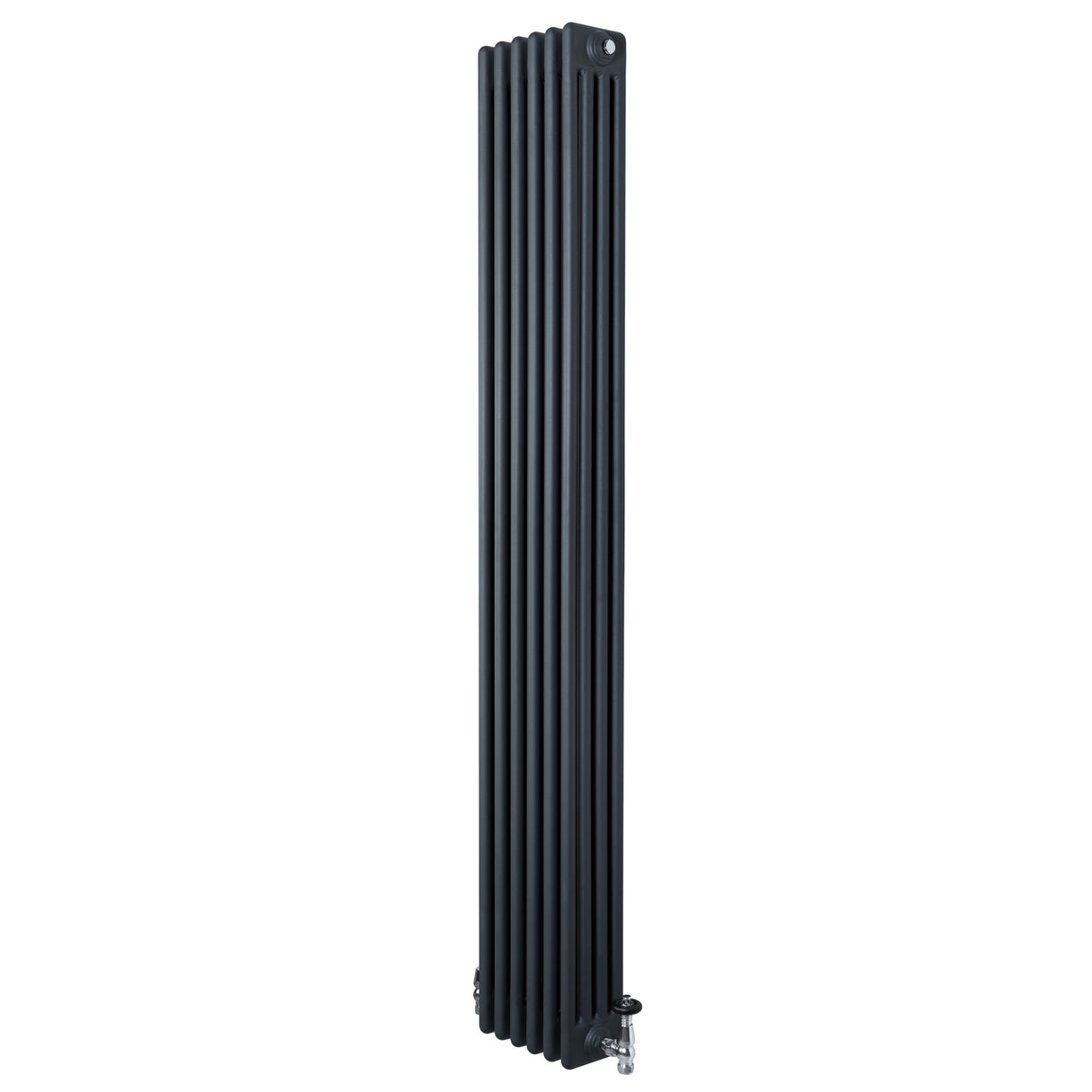 Radiador tradicional de 4 columnas en gris antracita, con válvulas, diseño vertical y acabado liso, ideal para calefacción eficiente