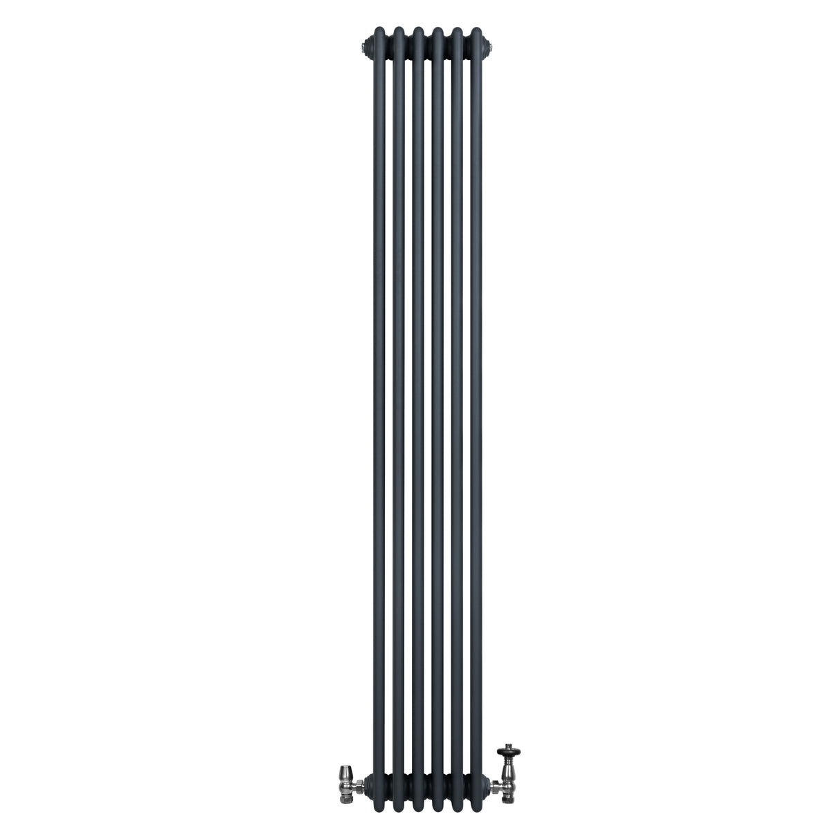 Radiador tradicional de 4 columnas en gris antracita, con válvulas, diseño vertical y acabado liso, ideal para calefacción eficiente