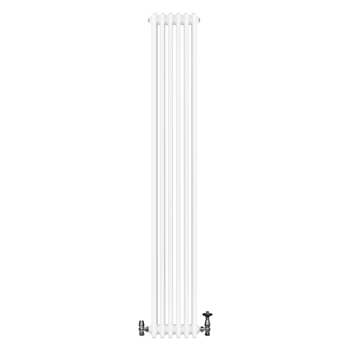 Radiador tradicional de 4 columnas en color blanco, con válvulas, mide 1800 x 290 mm, ideal para calefacción eficiente y elegante