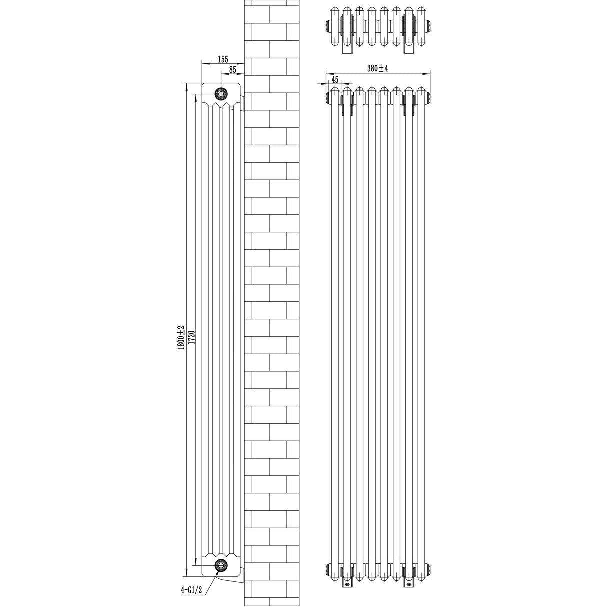 Radiador tradicional negro de 4 columnas, dimensiones 1800 x 380 mm, con válvulas y diseño elegante, ideal para calefacción eficiente