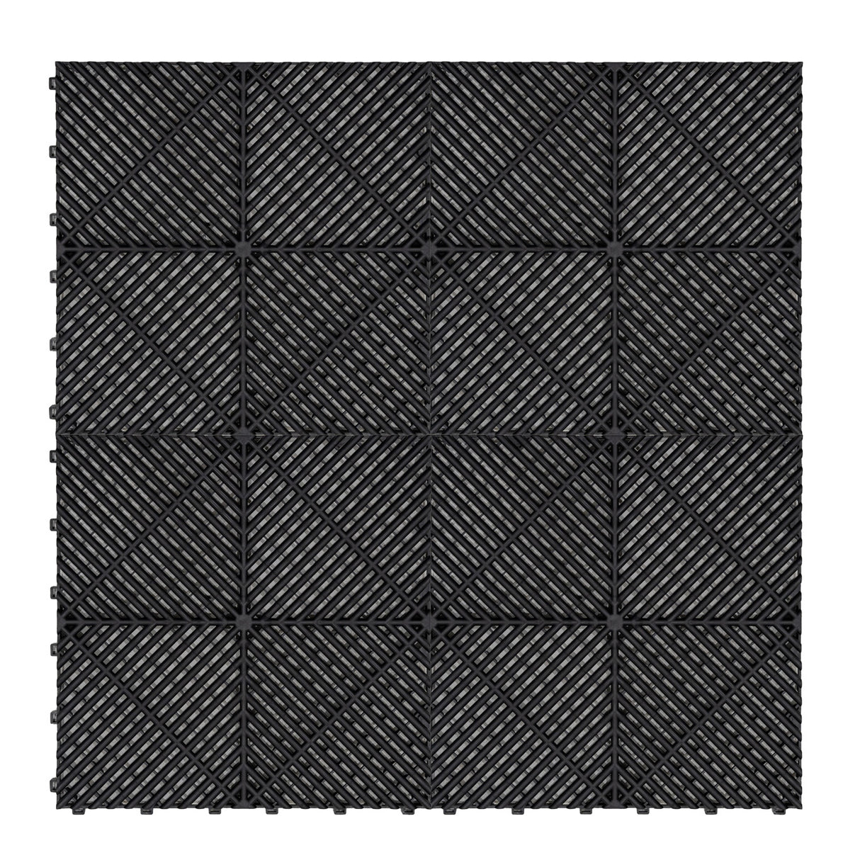 Baldosas de polipropileno negras con canales de ventilación, diseño en relieve y bordes, ideales para suelos exteriores y patios