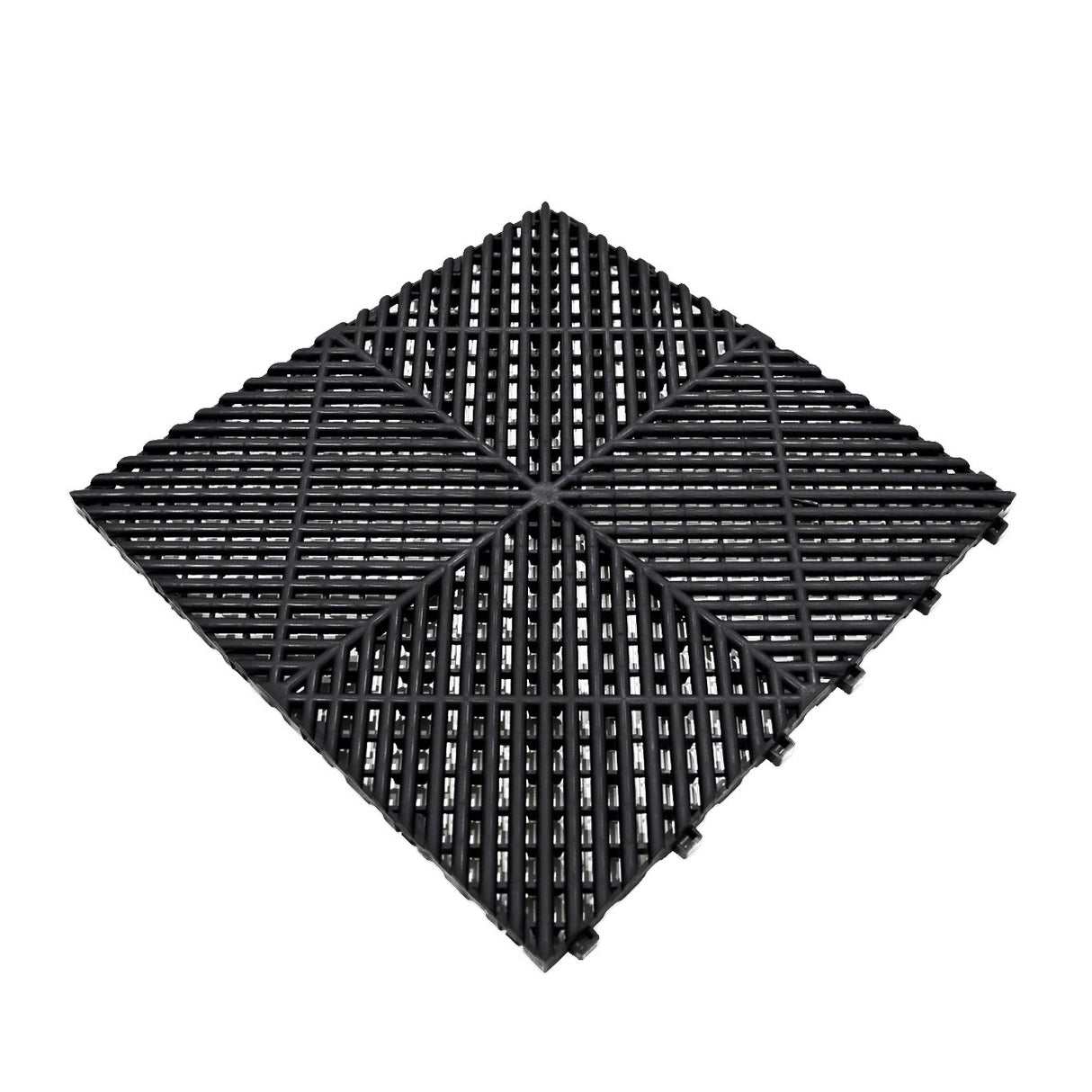 Baldosa de polipropileno negra con diseño de canales de ventilación, textura antideslizante y bordes reforzados, ideal para exteriores