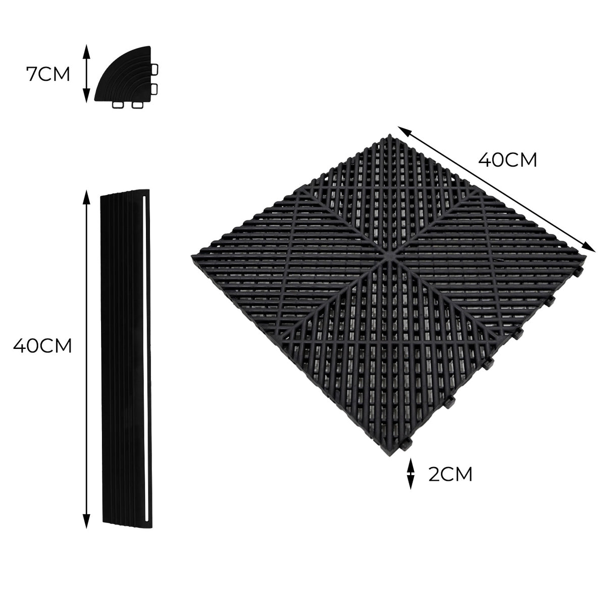Baldosas de polipropileno negras con canales de ventilación, textura antideslizante, dimensiones de 40x40 cm y bordes de 7 cm