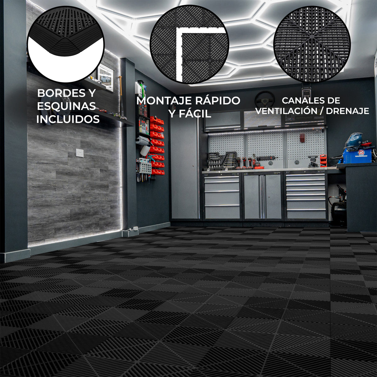 Baldosas de polipropileno negras con canales de ventilación, bordes y esquinas, ideales para montaje rápido y fácil en espacios interiores