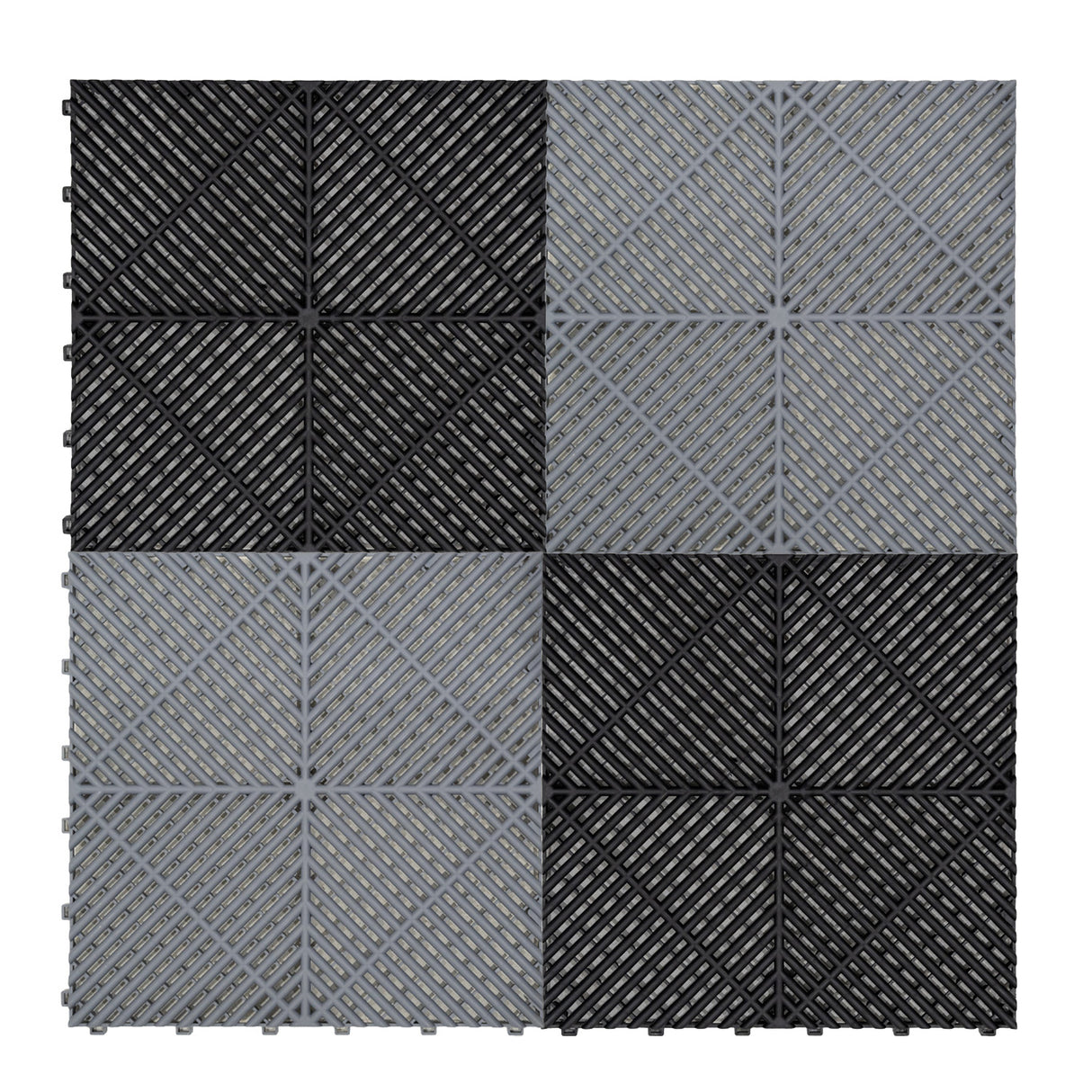 Baldosas de polipropileno en negro y gris, con diseño de canales de ventilación, texturas en relieve y bordes interconectables