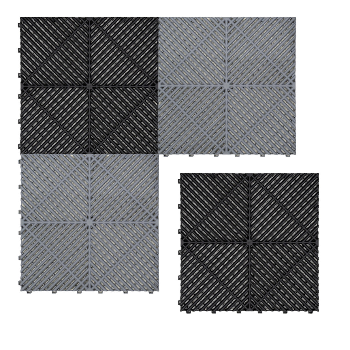 Baldosas de polipropileno en negro y gris, con canales de ventilación y bordes, ideales para suelos interiores y exteriores