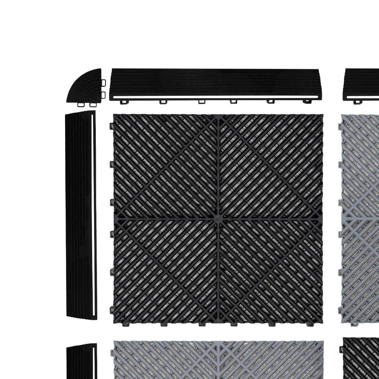Baldosas de polipropileno en negro y gris con canales de ventilación, bordes incluidos, diseño texturizado y modular para fácil instalación