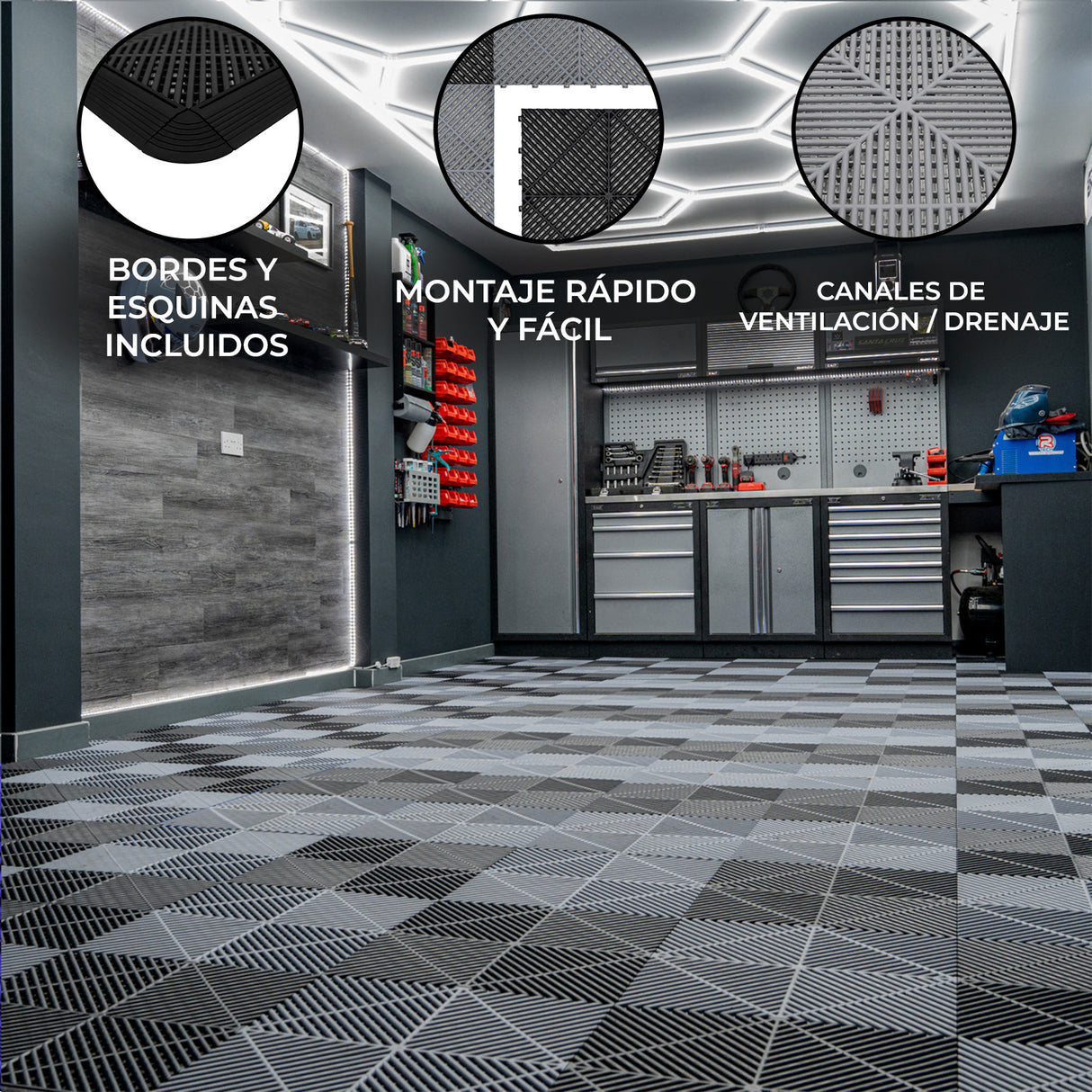 Baldosas de polipropileno en negro y gris, con diseño de canales de ventilación, bordes incluidos, ideales para montaje fácil y rápido