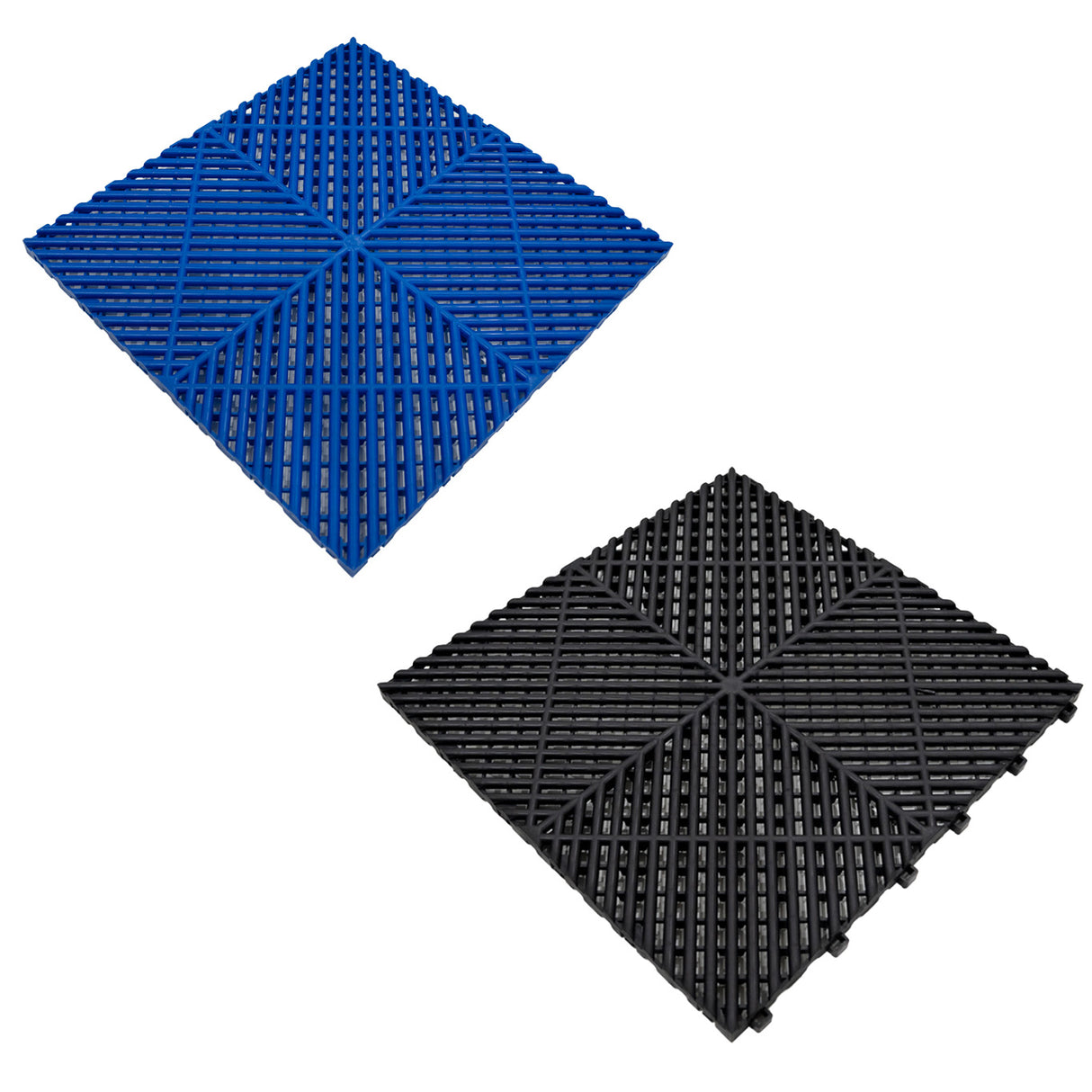 Baldosas de polipropileno en negro y azul, con textura de canales de ventilación y bordes, ideales para uso en exteriores y espacios húmedos