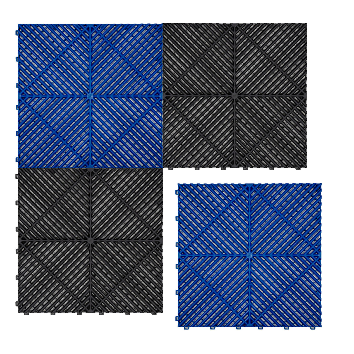 Baldosas de polipropileno en negro y azul, con canales de ventilación y bordes, ideales para suelos duraderos y antideslizantes