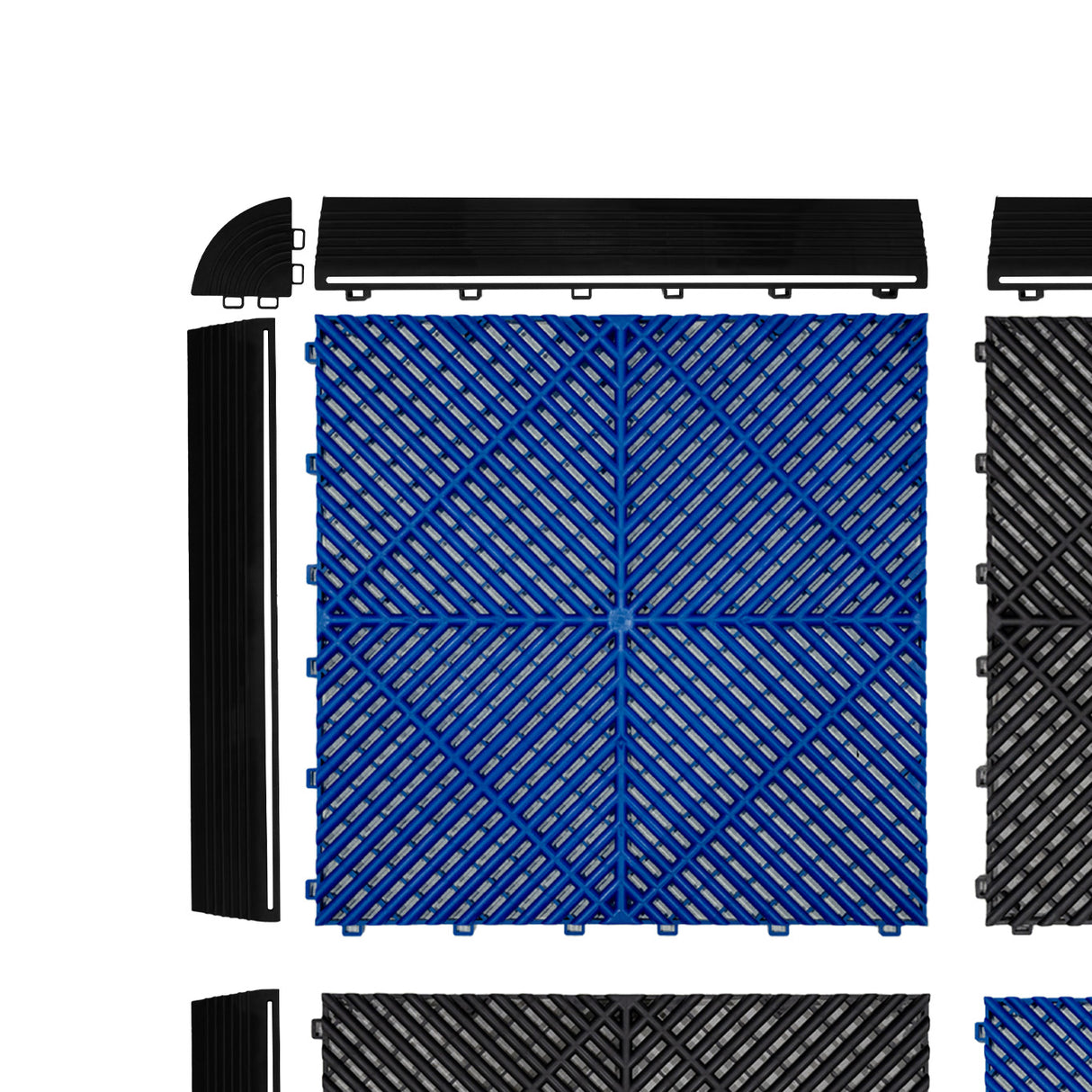 Baldosas de polipropileno en negro y azul, con canales de ventilación, mostrando textura y diseño en forma de diamante, bordes incluidos