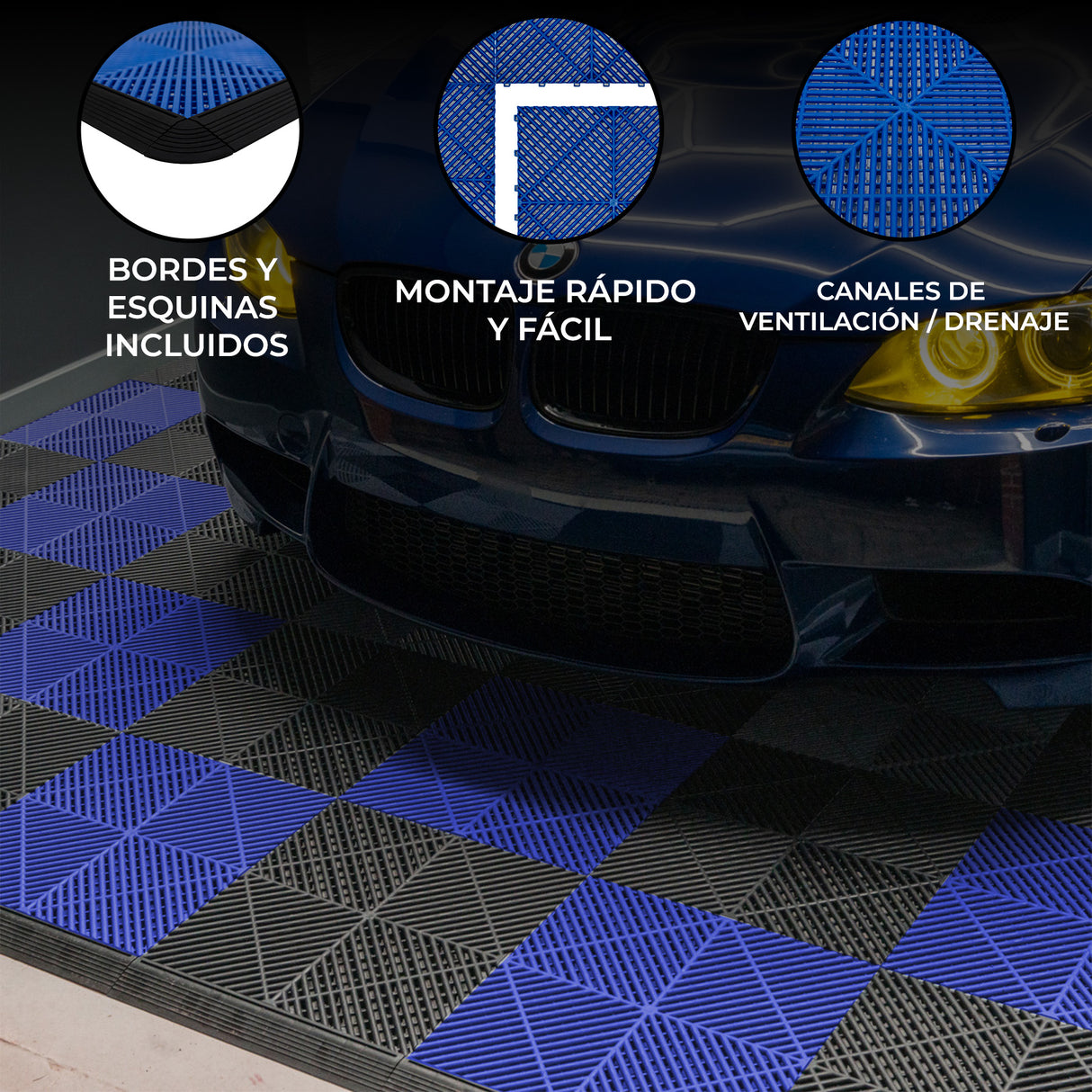 Baldosas de polipropileno en negro y azul, con textura antideslizante y canales de ventilación, ideales para garajes y exteriores