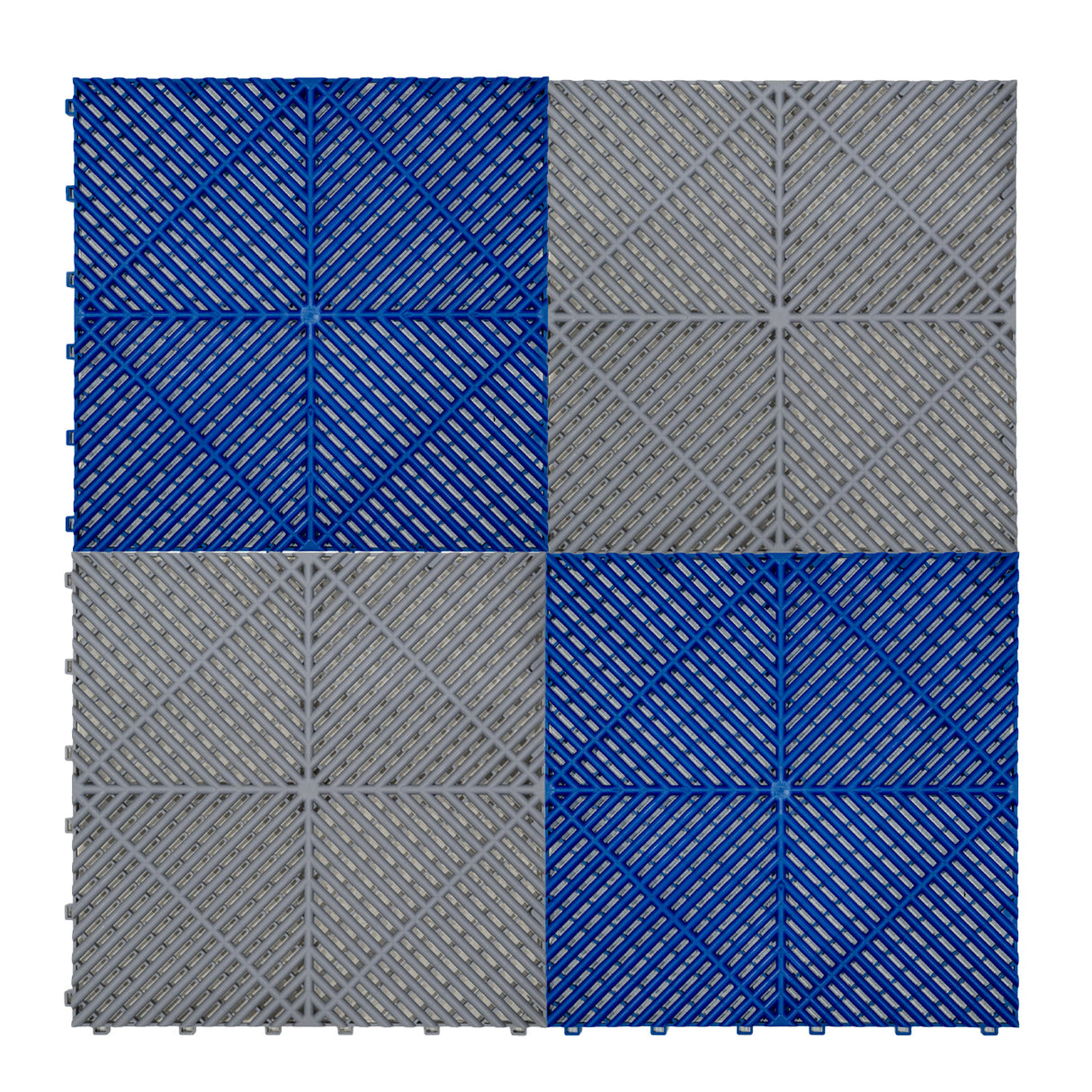 Baldosas de polipropileno en gris y azul, con canales de ventilación, textura antideslizante y diseño en cuadrícula, ideal para exteriores