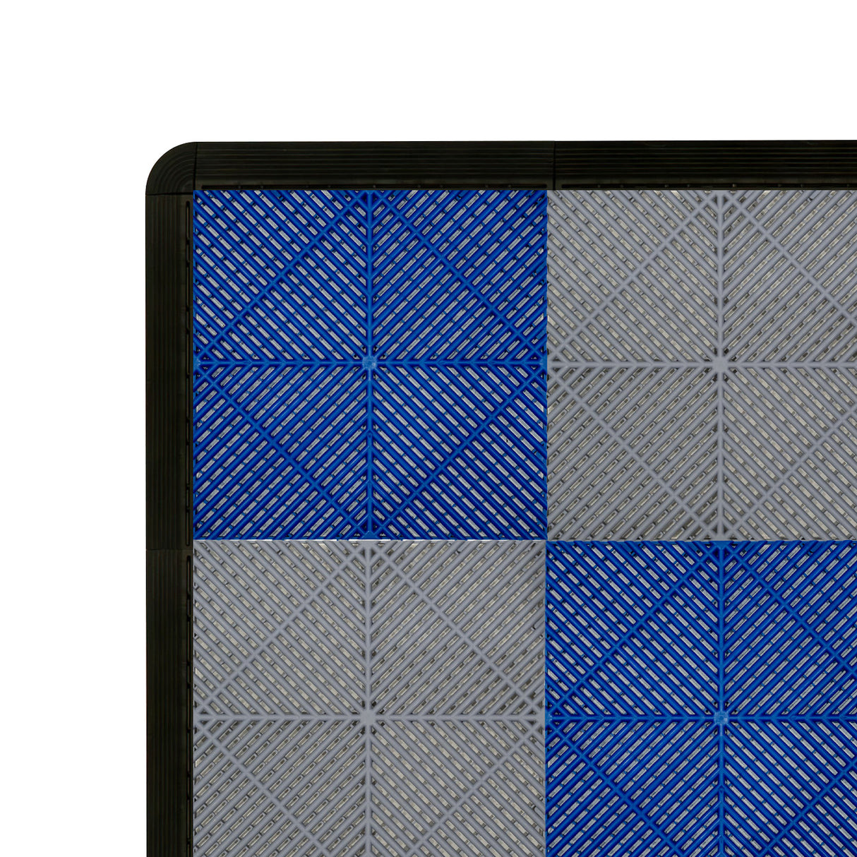 Baldosas de polipropileno en gris y azul, con textura de canales de ventilación, ideales para espacios interiores y exteriores