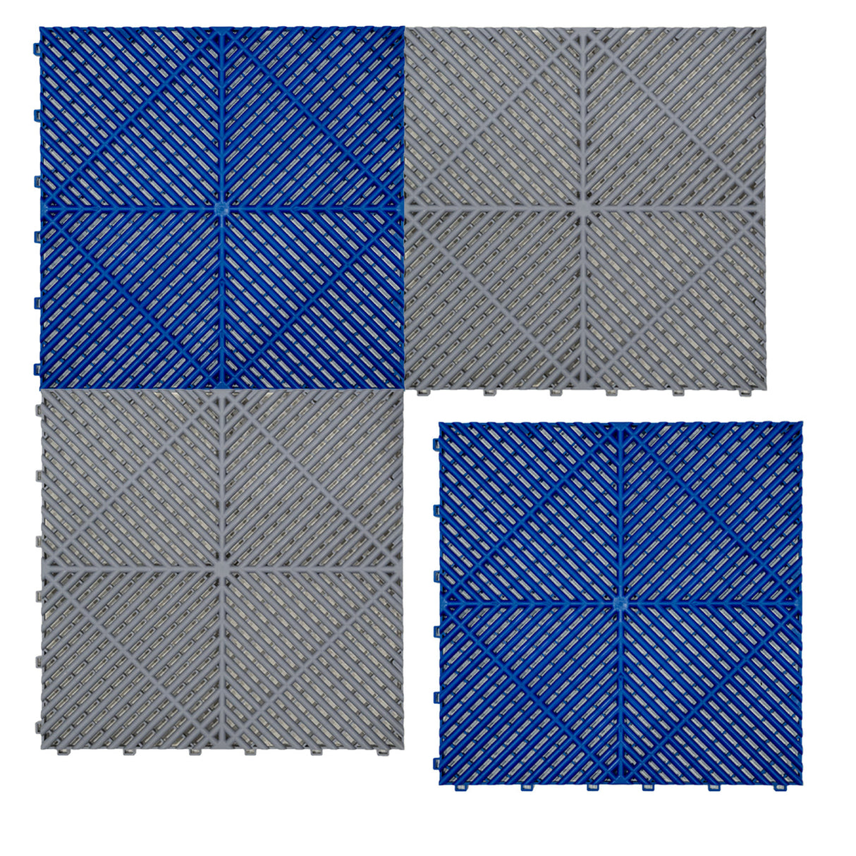 Baldosas de polipropileno en gris y azul, con canales de ventilación, presentan un diseño texturizado y bordes interconectables