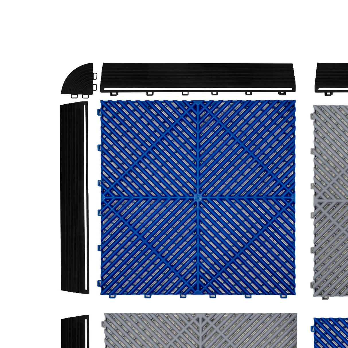 Baldosas de polipropileno en gris y azul, con canales de ventilación y bordes, ideales para suelos interiores y exteriores