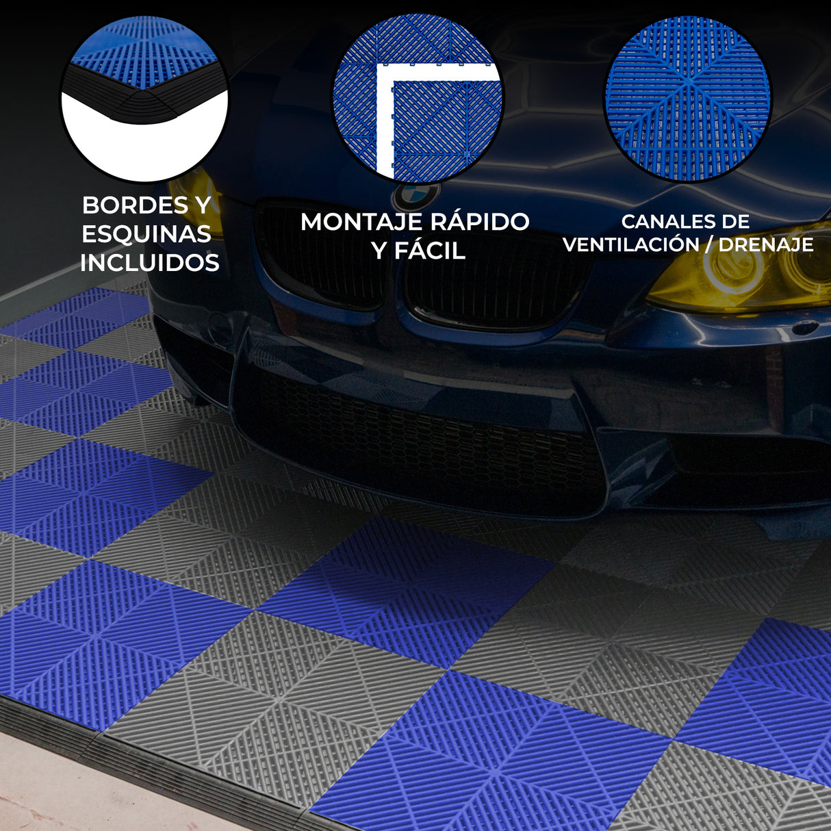 Baldosas de polipropileno en gris y azul, con textura antideslizante, canales de ventilación y bordes para fácil instalación