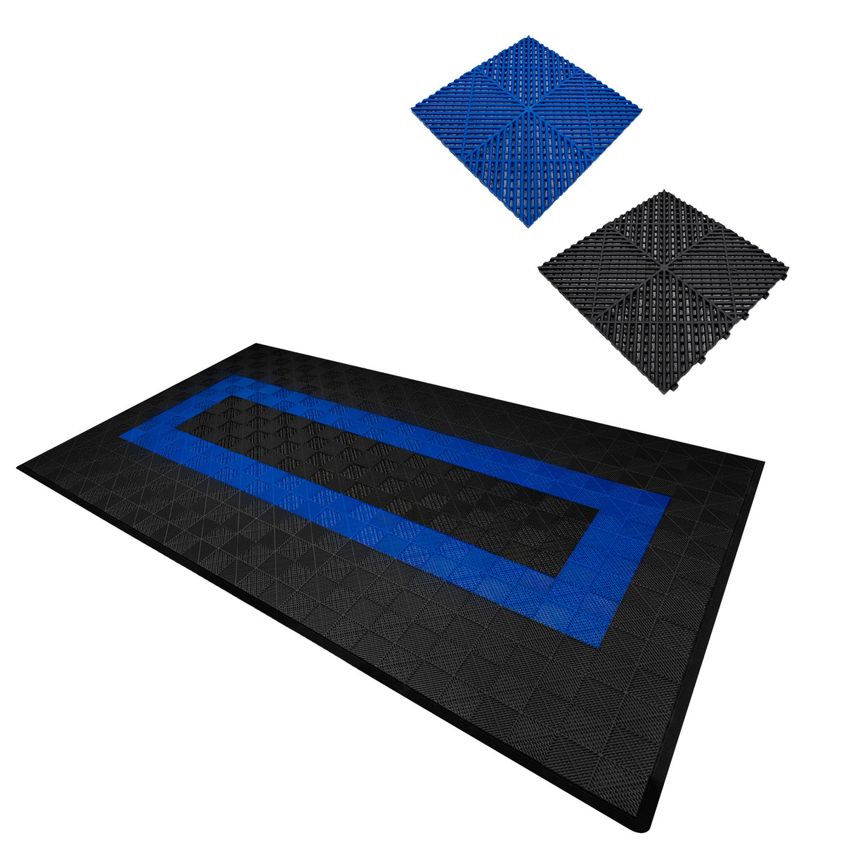 Baldosas de polipropileno en negro y azul, con textura de canalización y bordes, ideales para ventilación y uso versátil