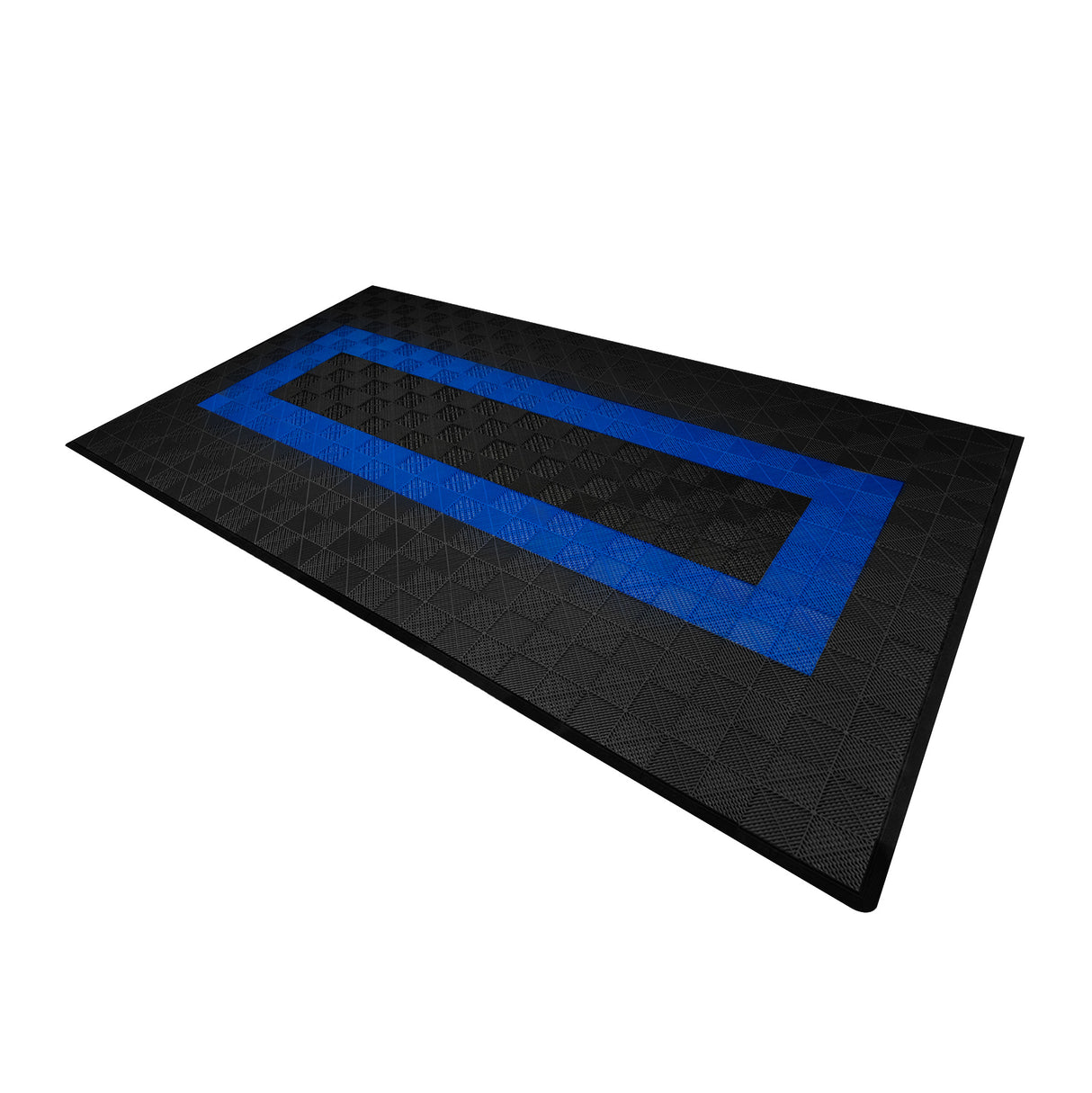 Baldosas de polipropileno en negro con bordes azules, diseño texturizado y canales de ventilación, ideales para espacios interiores y exteriores