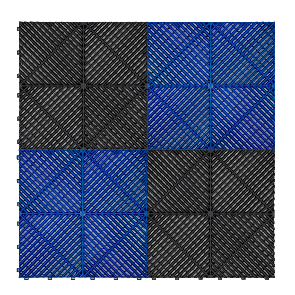 Baldosas de polipropileno en negro y azul, con diseño de canales de ventilación, ideales para suelos, resistentes y antideslizantes
