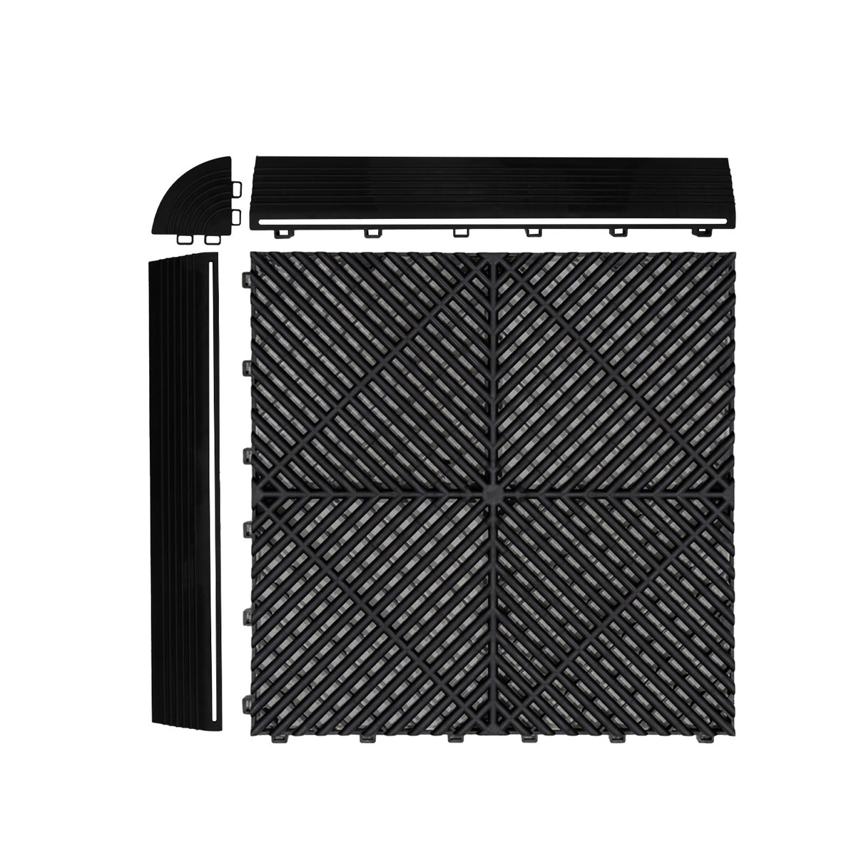 Baldosas de polipropileno negras con canales de ventilación, bordes en negro y azul, diseño texturizado y modular para fácil instalación