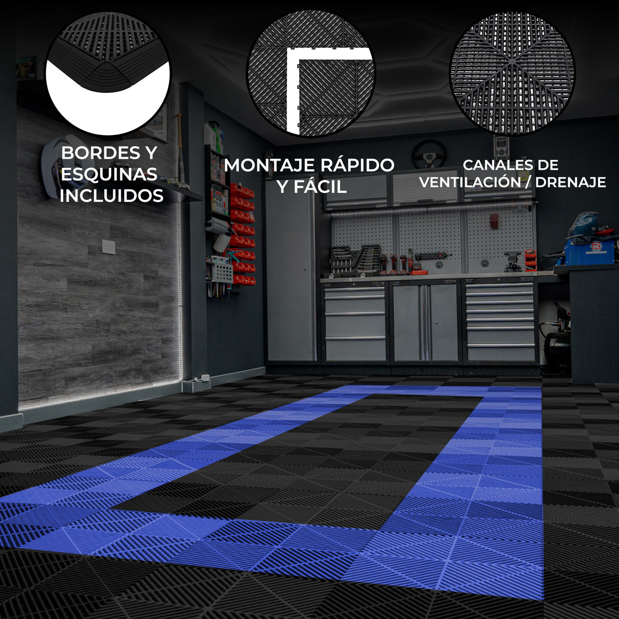 Baldosas de polipropileno en negro y azul, con canales de ventilación, bordes incluidos, ideales para montaje rápido en espacios interiores