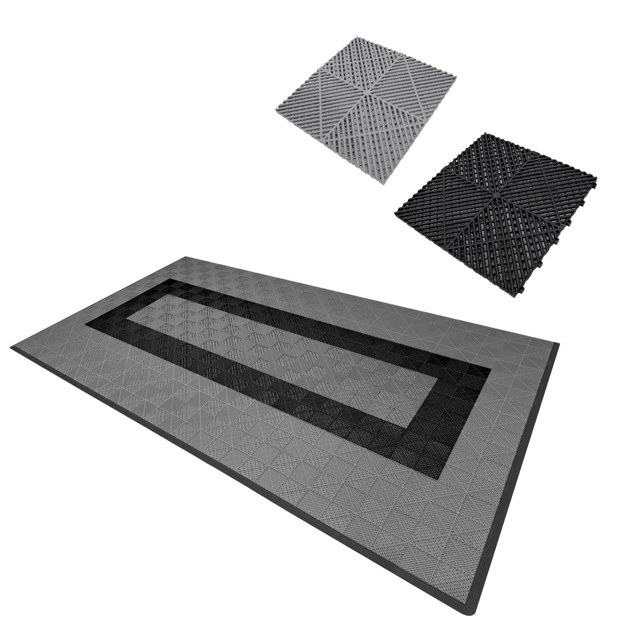 Baldosas de polipropileno en gris y negro, con textura antideslizante y canales de ventilación, ideales para espacios exteriores y interiores