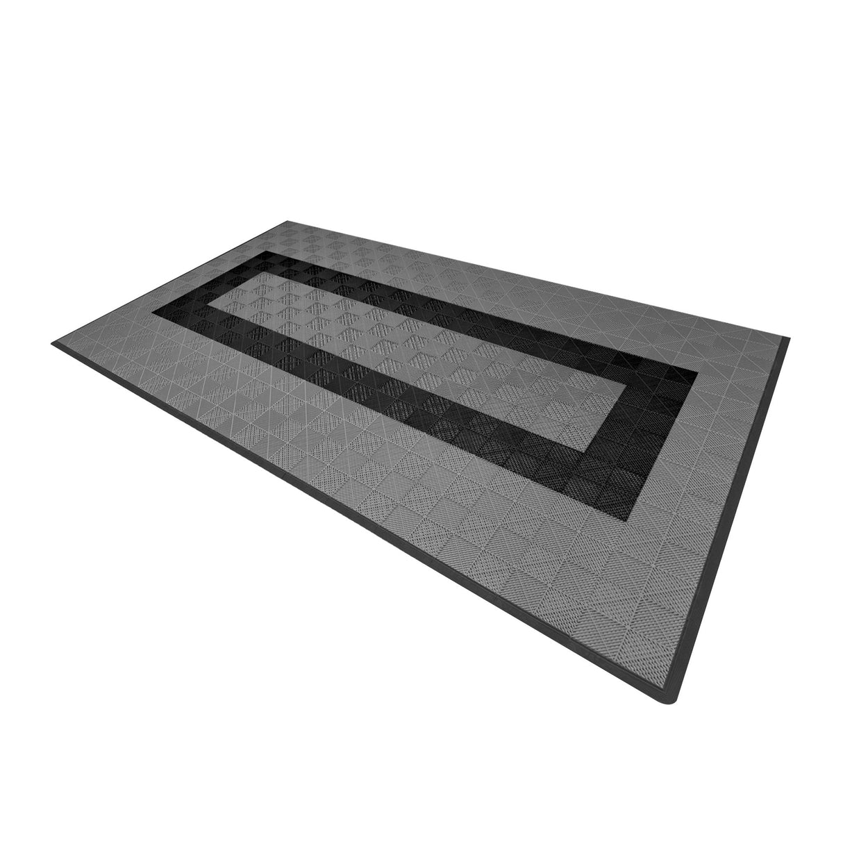 Baldosas de polipropileno en tonos gris y negro, con canales de ventilación y bordes, textura antideslizante y diseño geométrico