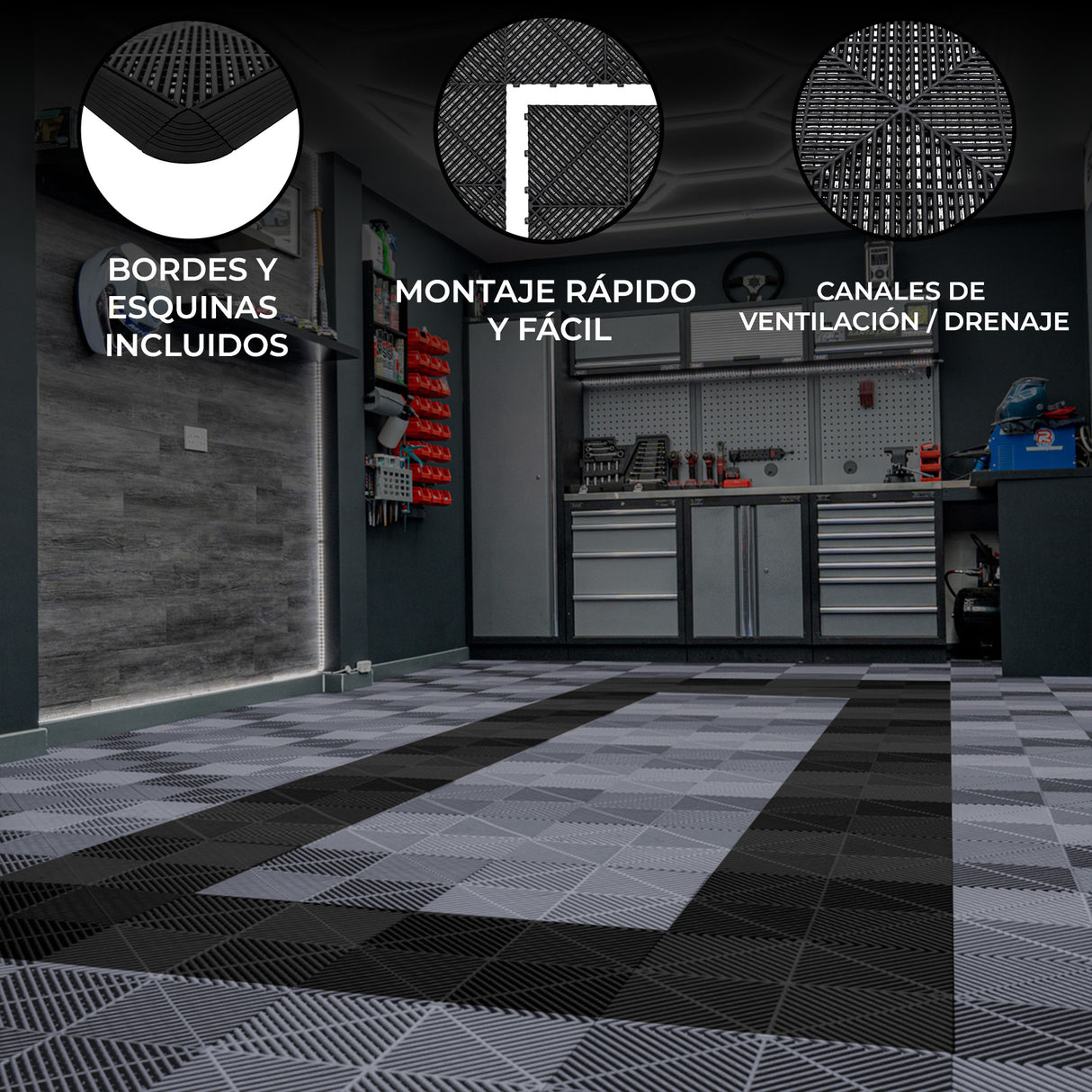 Baldosas Polipropileno con canales de ventilación (225un) y Bordes - Gris (165) y Negro (60)